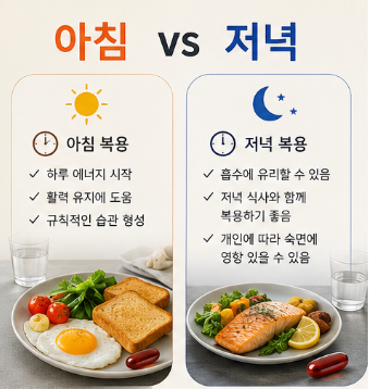 아침 복용과 저녁 복용 특징을 비교한 인포그래픽